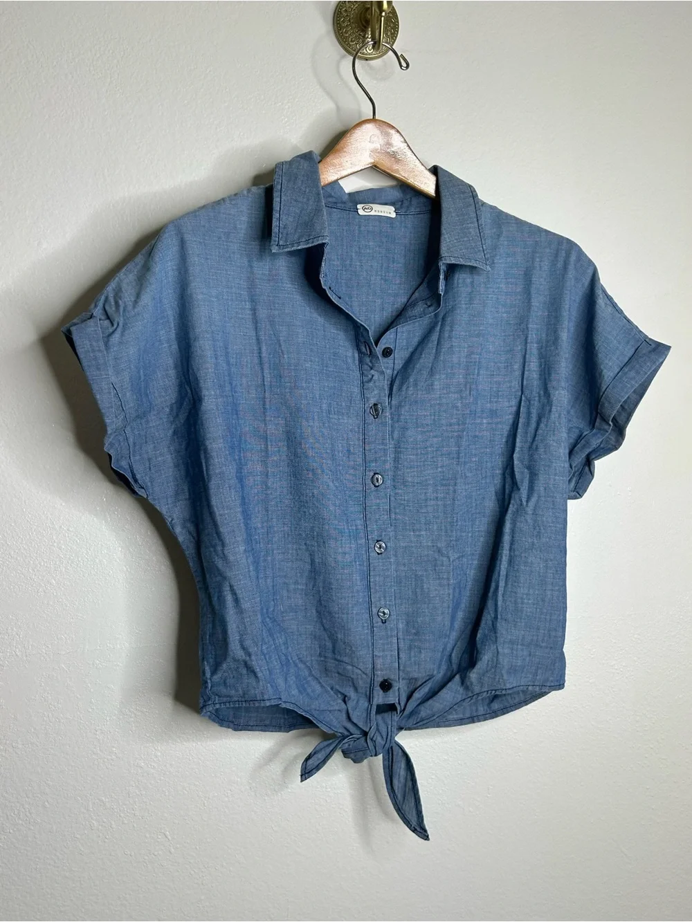AG 100% Cotton Denim Chambray Button Down Tie Front Short Sleeve Boxy Blouse Top